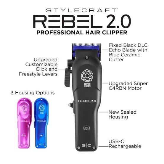 StyleCraft Rebel 2.0 Professional Cordless Hair Clipper w/ Super C4RBN Motor