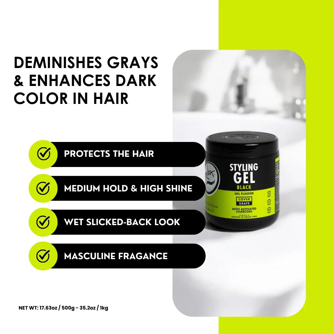 Rolda - Black Hair Styling Gel | Covers Gray Hair, Medium-Strong Hold, Medium Shine, Wet Look, Alcohol-free, Paraben-free, Flake-free